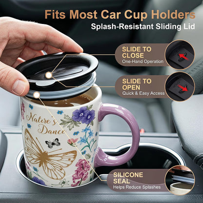 17oz Van Gogh Wheat Field Ceramic Travel Mug with Lid & Gift Box | Post Impressionist Art Coffee Cup, Microwave & Dishwasher Safe Large Latte Tea Mug, Car cupholder fit
