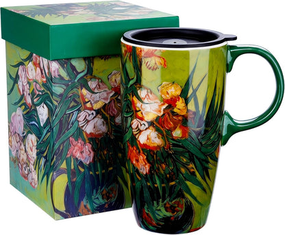 17oz Van Gogh Wheat Field Ceramic Travel Mug with Lid & Gift Box | Post Impressionist Art Coffee Cup, Microwave & Dishwasher Safe Large Latte Tea Mug, Car cupholder fit