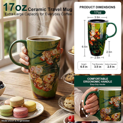 17oz Van Gogh Wheat Field Ceramic Travel Mug with Lid & Gift Box | Post Impressionist Art Coffee Cup, Microwave & Dishwasher Safe Large Latte Tea Mug, Car cupholder fit