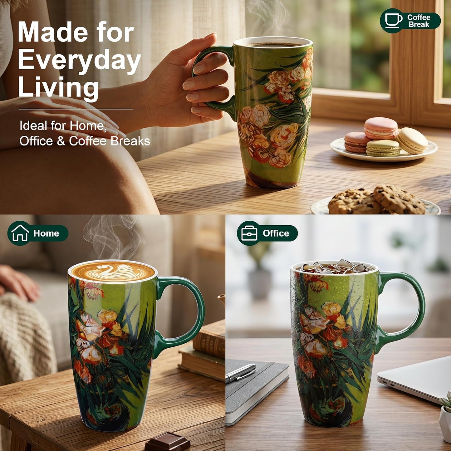 17oz Van Gogh Wheat Field Ceramic Travel Mug with Lid & Gift Box | Post Impressionist Art Coffee Cup, Microwave & Dishwasher Safe Large Latte Tea Mug, Car cupholder fit