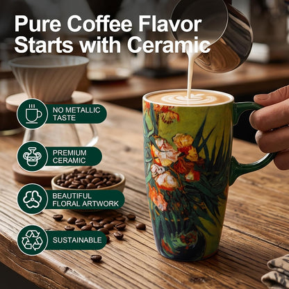 17oz Van Gogh Wheat Field Ceramic Travel Mug with Lid & Gift Box | Post Impressionist Art Coffee Cup, Microwave & Dishwasher Safe Large Latte Tea Mug, Car cupholder fit