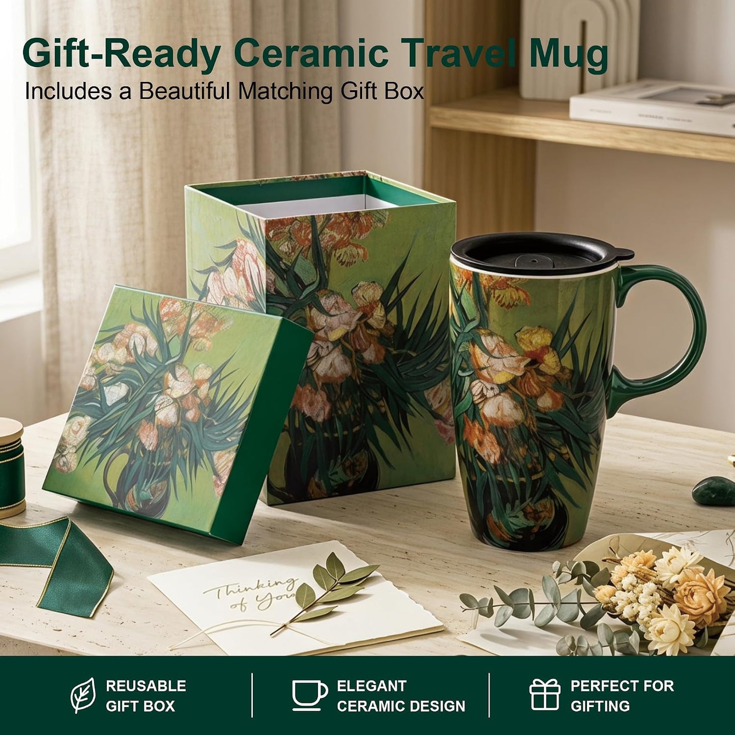 17oz Van Gogh Wheat Field Ceramic Travel Mug with Lid & Gift Box | Post Impressionist Art Coffee Cup, Microwave & Dishwasher Safe Large Latte Tea Mug, Car cupholder fit