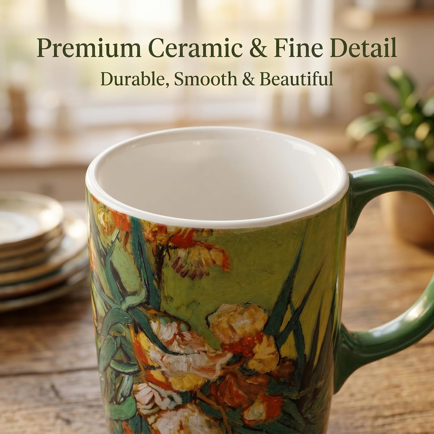 17oz Van Gogh Wheat Field Ceramic Travel Mug with Lid & Gift Box | Post Impressionist Art Coffee Cup, Microwave & Dishwasher Safe Large Latte Tea Mug, Car cupholder fit