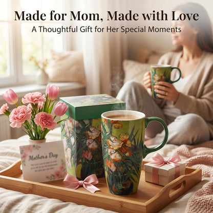 17oz Van Gogh Wheat Field Ceramic Travel Mug with Lid & Gift Box | Post Impressionist Art Coffee Cup, Microwave & Dishwasher Safe Large Latte Tea Mug, Car cupholder fit