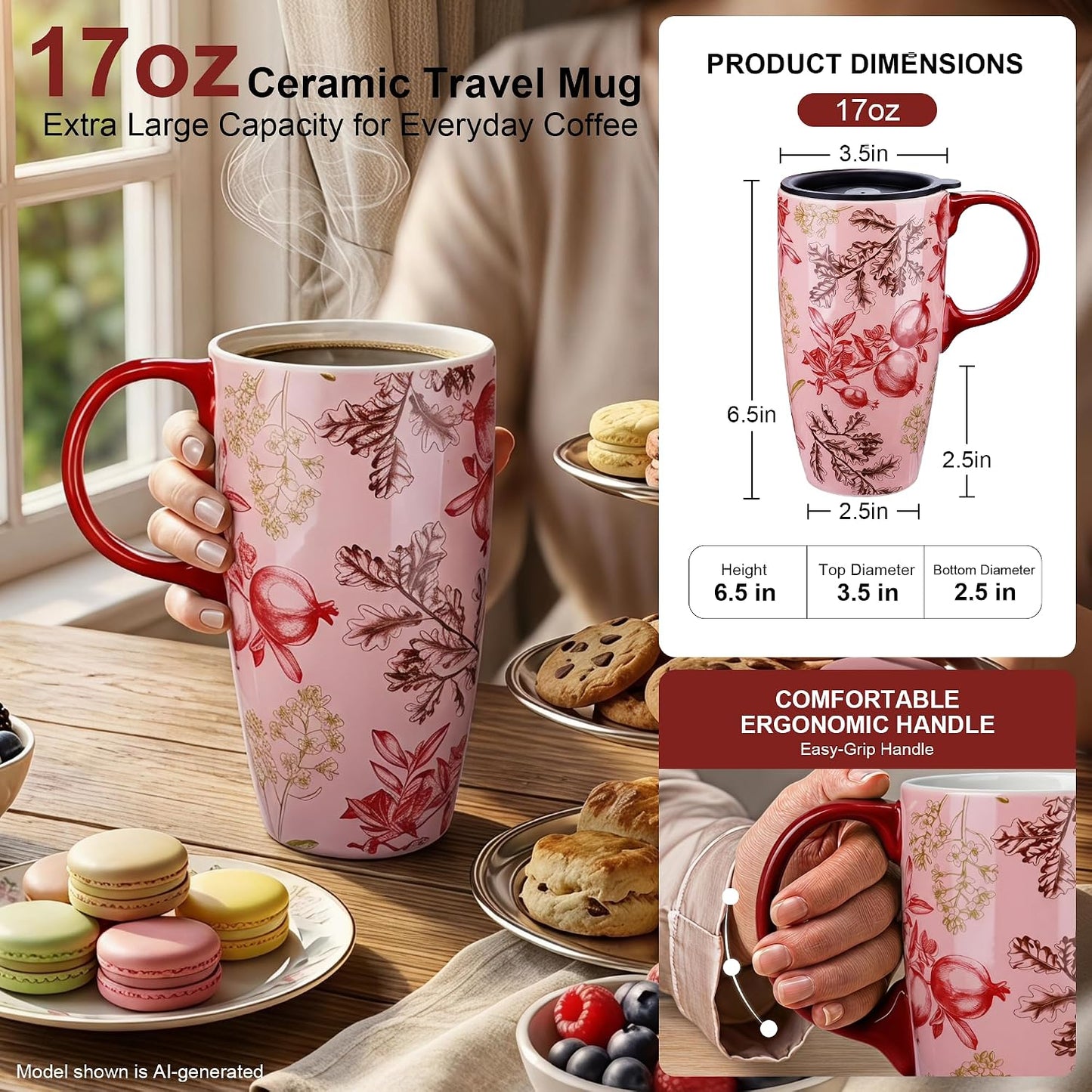 17oz Van Gogh Wheat Field Ceramic Travel Mug with Lid & Gift Box | Post Impressionist Art Coffee Cup, Microwave & Dishwasher Safe Large Latte Tea Mug, Car cupholder fit