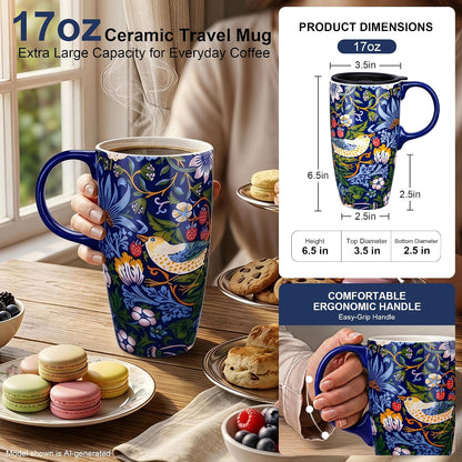 17oz Van Gogh Wheat Field Ceramic Travel Mug with Lid & Gift Box | Post Impressionist Art Coffee Cup, Microwave & Dishwasher Safe Large Latte Tea Mug, Car cupholder fit