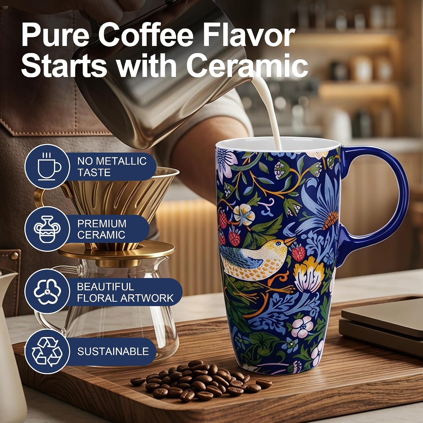 17oz Van Gogh Wheat Field Ceramic Travel Mug with Lid & Gift Box | Post Impressionist Art Coffee Cup, Microwave & Dishwasher Safe Large Latte Tea Mug, Car cupholder fit