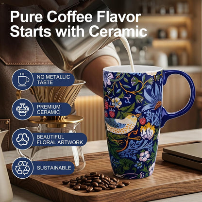 17oz Van Gogh Wheat Field Ceramic Travel Mug with Lid & Gift Box | Post Impressionist Art Coffee Cup, Microwave & Dishwasher Safe Large Latte Tea Mug, Car cupholder fit