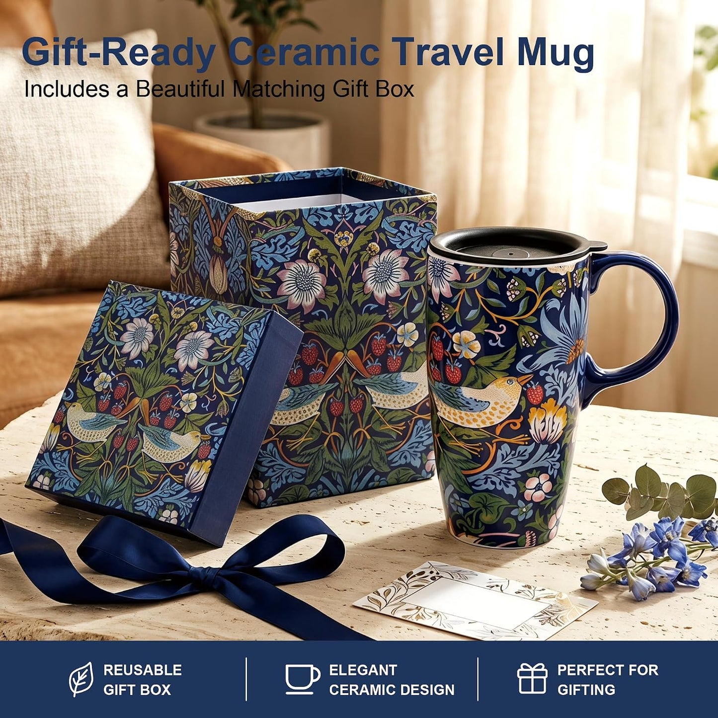 17oz Van Gogh Wheat Field Ceramic Travel Mug with Lid & Gift Box | Post Impressionist Art Coffee Cup, Microwave & Dishwasher Safe Large Latte Tea Mug, Car cupholder fit