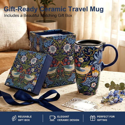 17oz Van Gogh Wheat Field Ceramic Travel Mug with Lid & Gift Box | Post Impressionist Art Coffee Cup, Microwave & Dishwasher Safe Large Latte Tea Mug, Car cupholder fit