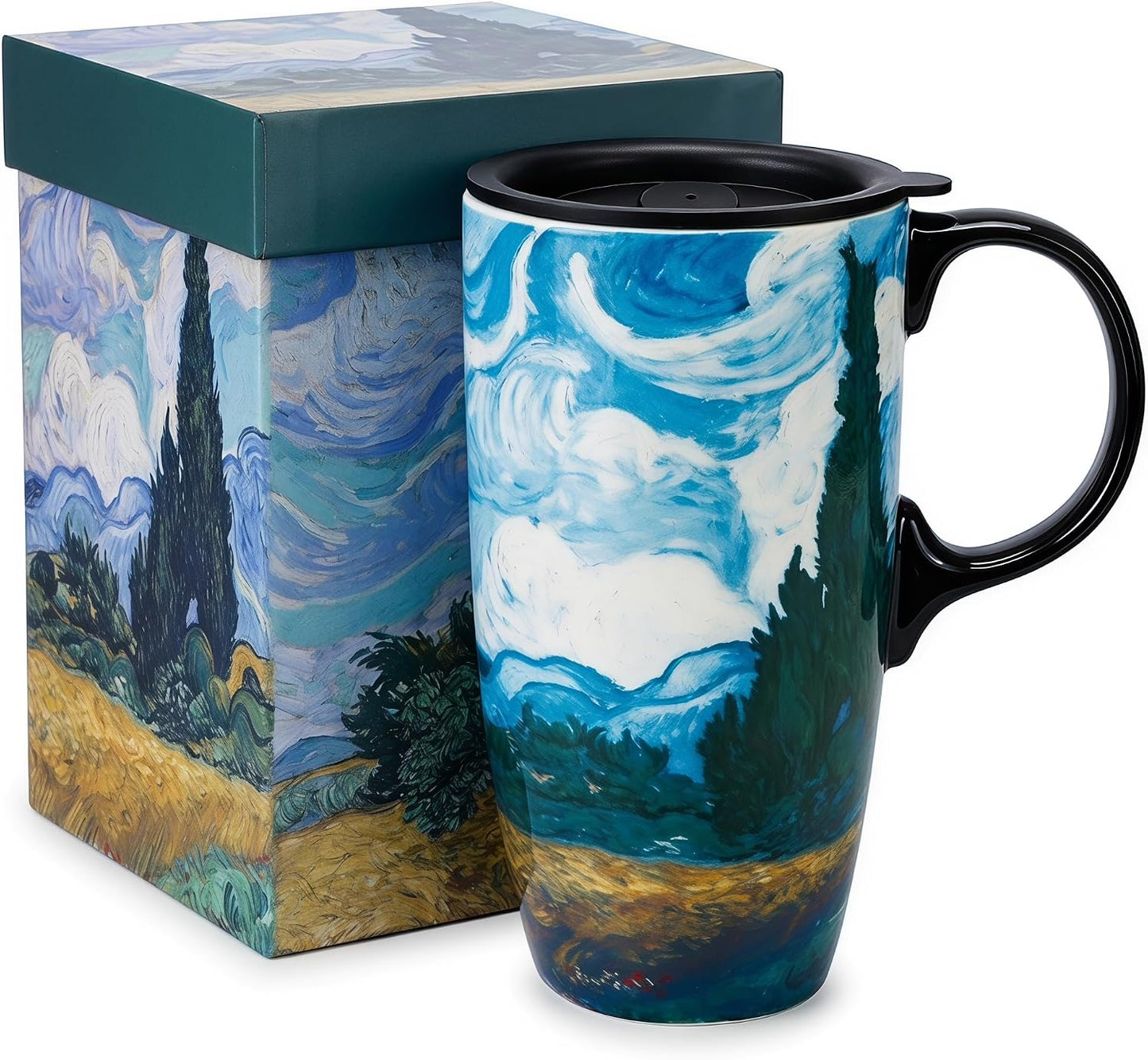 17oz Van Gogh Wheat Field Ceramic Travel Mug with Lid & Gift Box | Post Impressionist Art Coffee Cup, Microwave & Dishwasher Safe Large Latte Tea Mug, Car cupholder fit