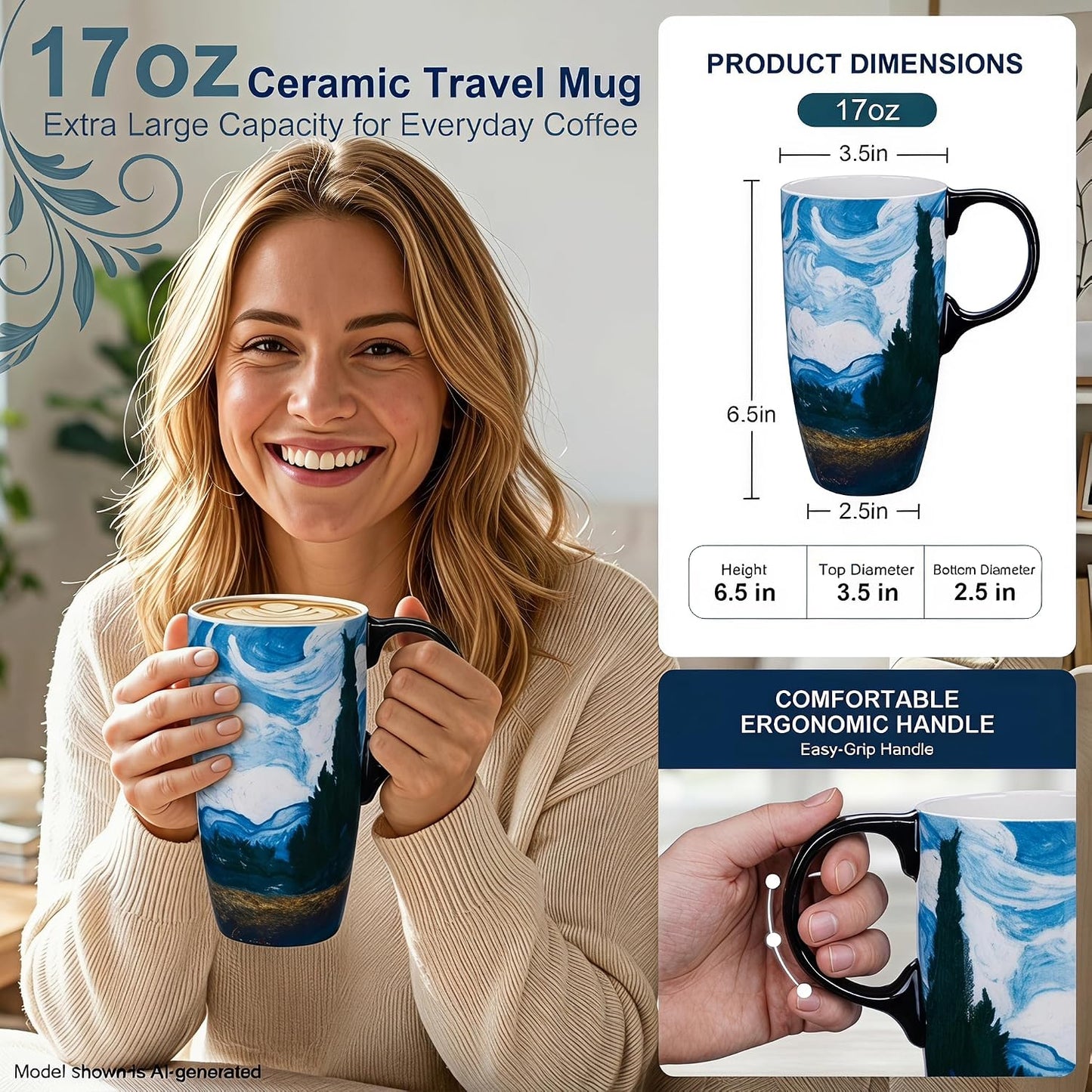 17oz Van Gogh Wheat Field Ceramic Travel Mug with Lid & Gift Box | Post Impressionist Art Coffee Cup, Microwave & Dishwasher Safe Large Latte Tea Mug, Car cupholder fit