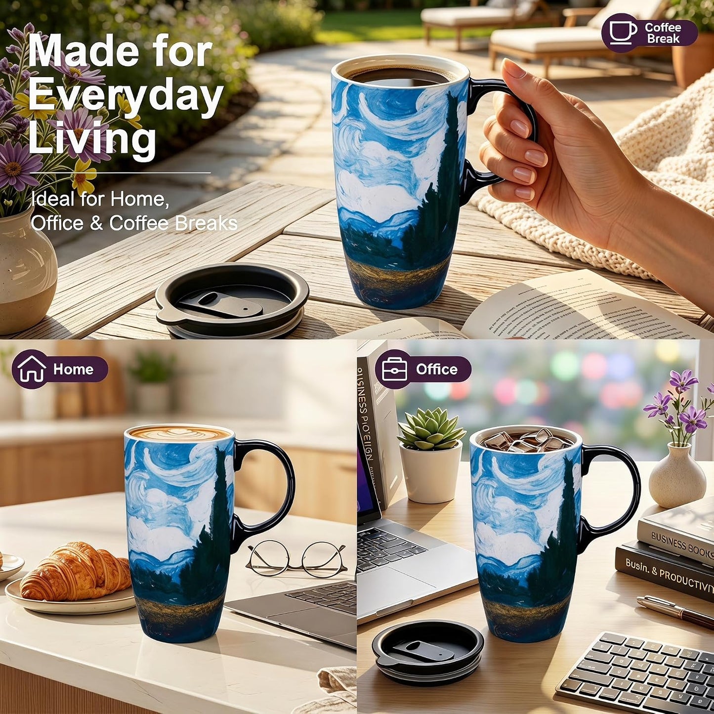 17oz Van Gogh Wheat Field Ceramic Travel Mug with Lid & Gift Box | Post Impressionist Art Coffee Cup, Microwave & Dishwasher Safe Large Latte Tea Mug, Car cupholder fit