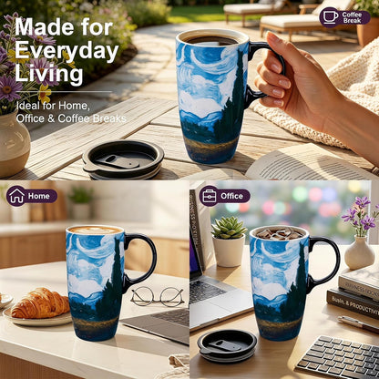 17oz Van Gogh Wheat Field Ceramic Travel Mug with Lid & Gift Box | Post Impressionist Art Coffee Cup, Microwave & Dishwasher Safe Large Latte Tea Mug, Car cupholder fit
