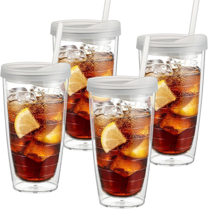20 Ounce Double Walled Colorful Tabletop Insulated Plastic Tumbler Cup with Lids and Straws, set of 4 Multicolor