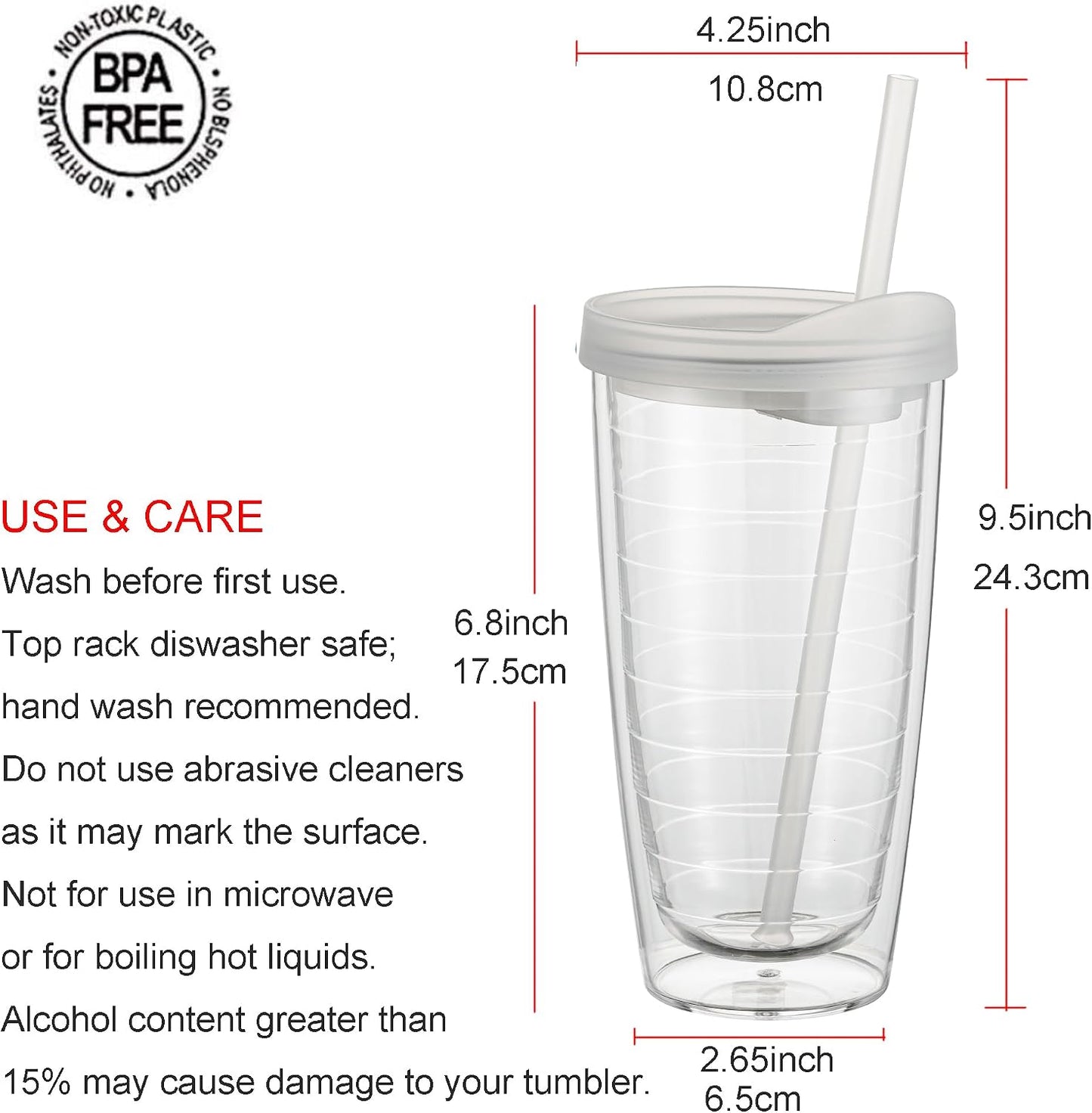 20 Ounce Double Walled Colorful Tabletop Insulated Plastic Tumbler Cup with Lids and Straws, set of 4 Multicolor