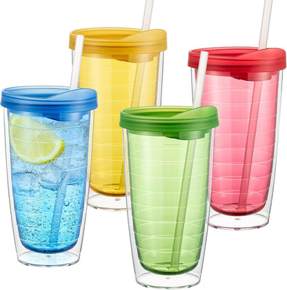 20 Ounce Double Walled Colorful Tabletop Insulated Plastic Tumbler Cup with Lids and Straws, set of 4 Multicolor