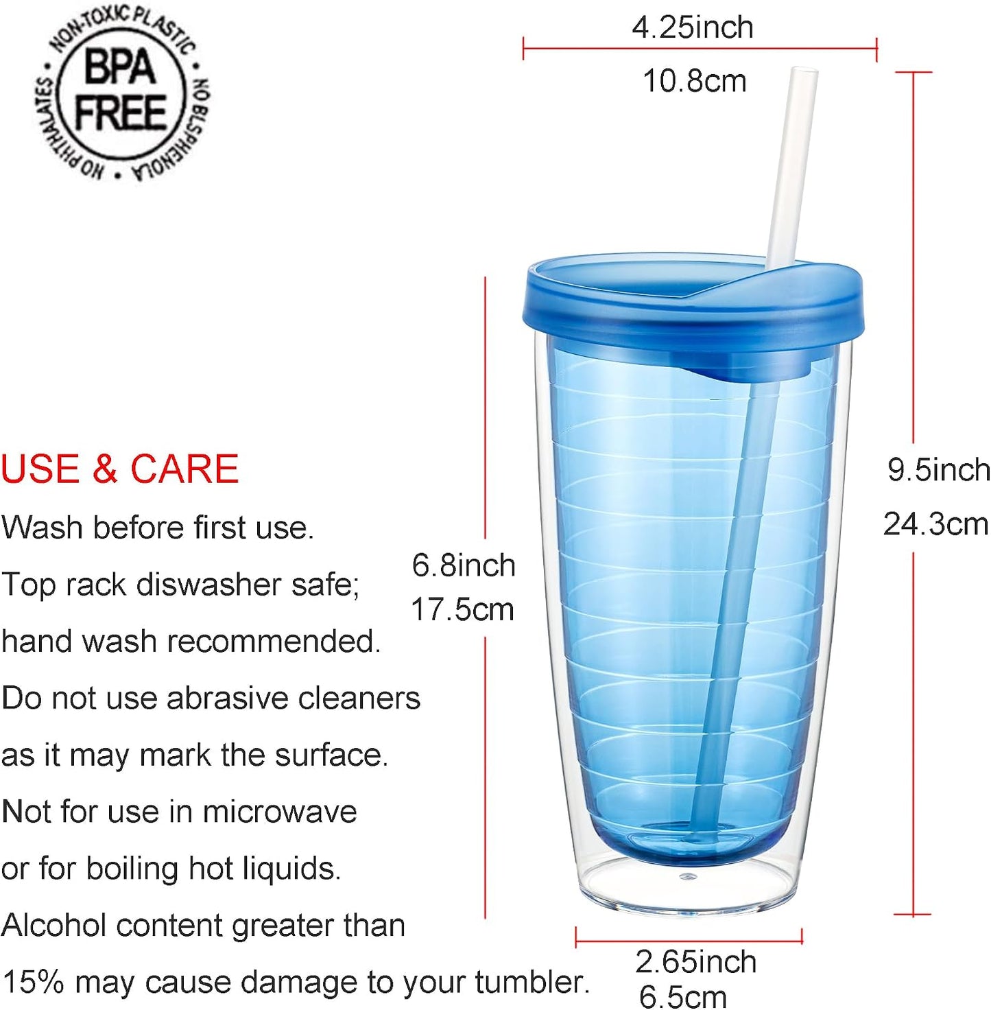 20 Ounce Double Walled Colorful Tabletop Insulated Plastic Tumbler Cup with Lids and Straws, set of 4 Multicolor