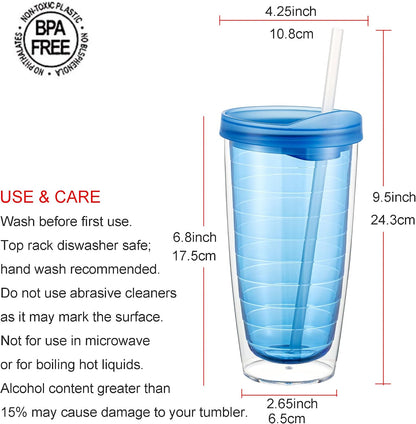 20 Ounce Double Walled Colorful Tabletop Insulated Plastic Tumbler Cup with Lids and Straws, set of 4 Multicolor