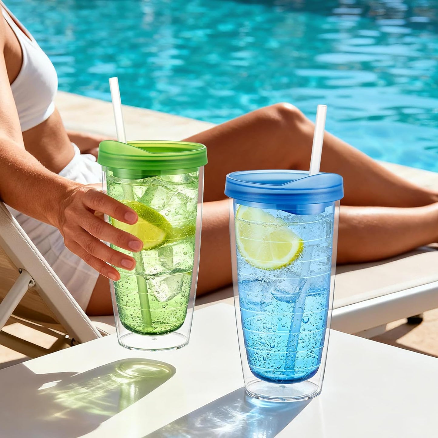 20 Ounce Double Walled Colorful Tabletop Insulated Plastic Tumbler Cup with Lids and Straws, set of 4 Multicolor