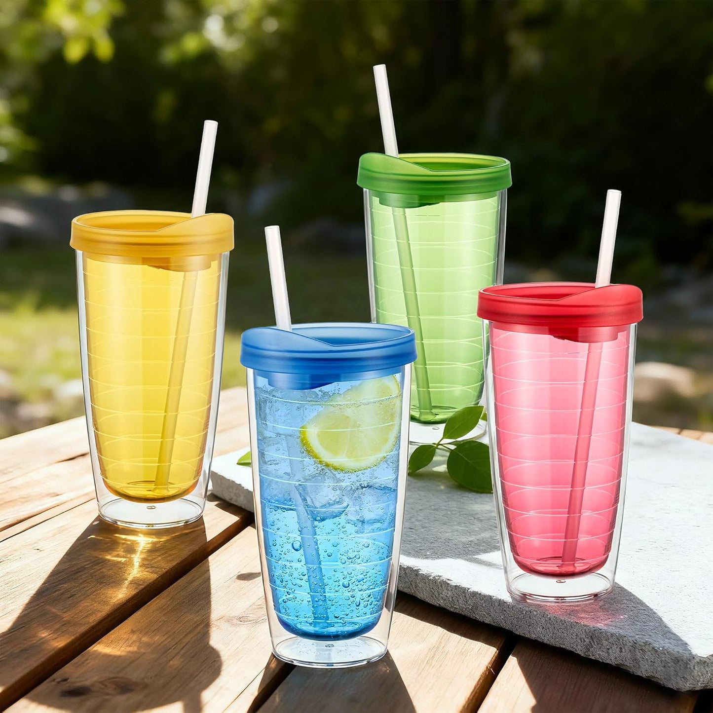 20 Ounce Double Walled Colorful Tabletop Insulated Plastic Tumbler Cup with Lids and Straws, set of 4 Multicolor