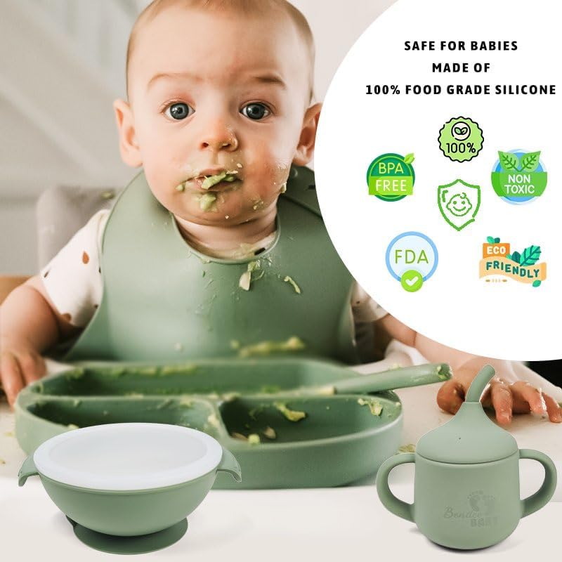 Silicone Baby Feeding Set| Silicone Divided Suction Plate and Bowl with Lids |Toddler Feeding Set| Training Cup with Straw|Fork Spoon Bib| Toddler Baby Led Weaning Supplies (Blue)