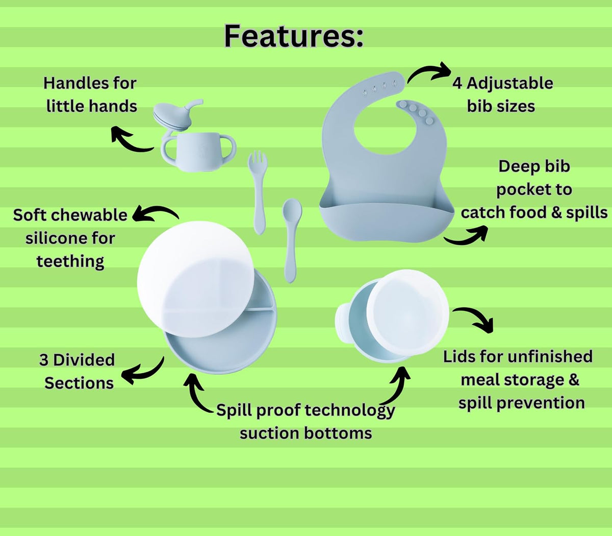 Silicone Baby Feeding Set| Silicone Divided Suction Plate and Bowl with Lids |Toddler Feeding Set| Training Cup with Straw|Fork Spoon Bib| Toddler Baby Led Weaning Supplies (Blue)