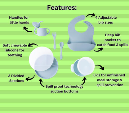 Silicone Baby Feeding Set| Silicone Divided Suction Plate and Bowl with Lids |Toddler Feeding Set| Training Cup with Straw|Fork Spoon Bib| Toddler Baby Led Weaning Supplies (Blue)