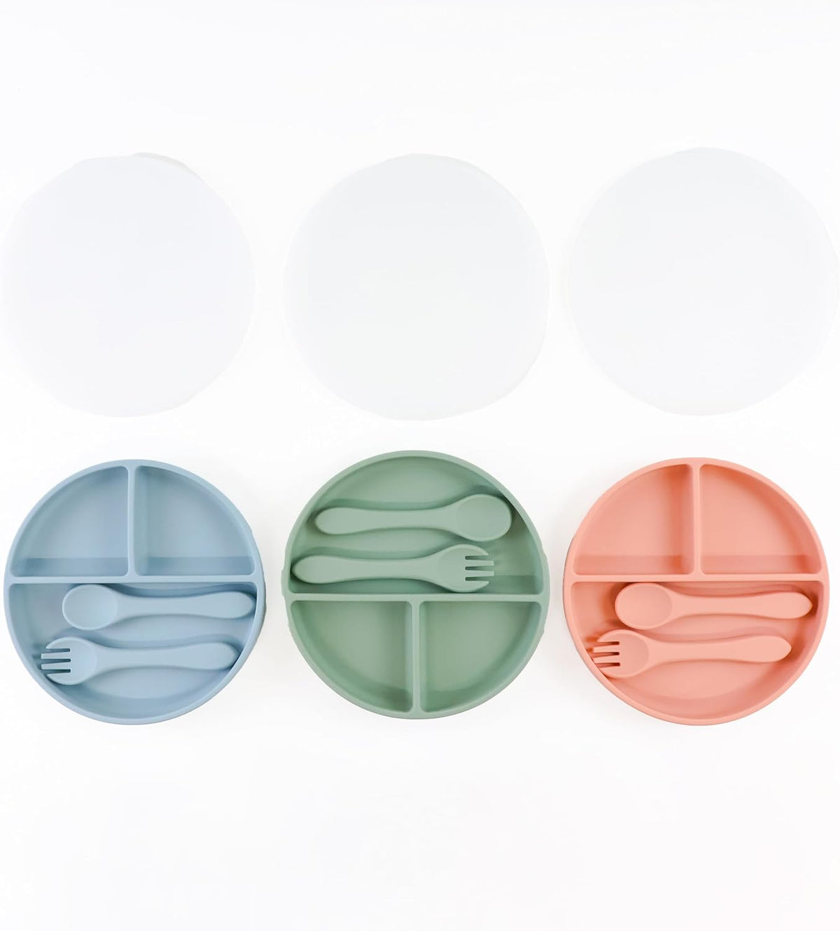 Silicone Baby Feeding Set| Silicone Divided Suction Plate and Bowl with Lids |Toddler Feeding Set| Training Cup with Straw|Fork Spoon Bib| Toddler Baby Led Weaning Supplies (Blue)
