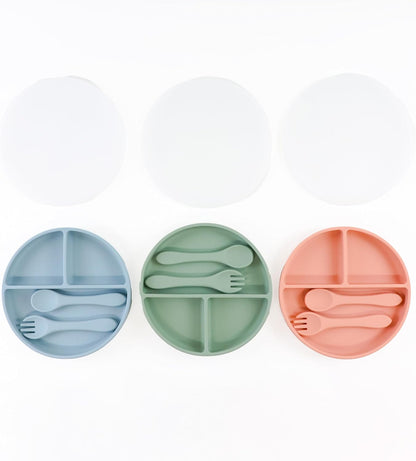 Silicone Baby Feeding Set| Silicone Divided Suction Plate and Bowl with Lids |Toddler Feeding Set| Training Cup with Straw|Fork Spoon Bib| Toddler Baby Led Weaning Supplies (Blue)