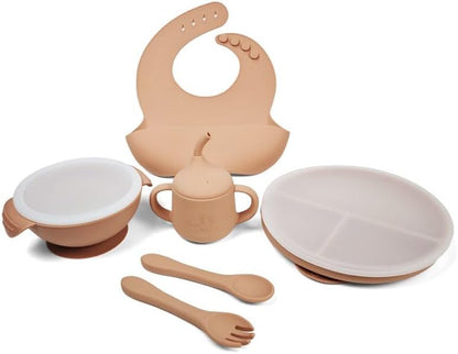 Silicone Baby Feeding Set| Silicone Divided Suction Plate and Bowl with Lids |Toddler Feeding Set| Training Cup with Straw|Fork Spoon Bib| Toddler Baby Led Weaning Supplies (Blue)