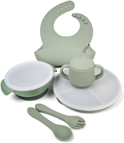 Silicone Baby Feeding Set| Silicone Divided Suction Plate and Bowl with Lids |Toddler Feeding Set| Training Cup with Straw|Fork Spoon Bib| Toddler Baby Led Weaning Supplies (Blue)