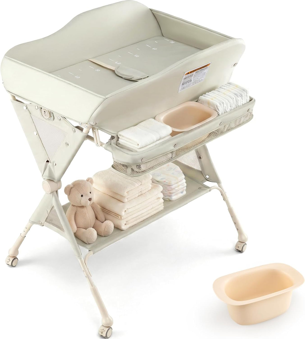 Baby Changing Table with Wheels, Portable Folding Diaper Station Nursery Organizer with Storage Basket, Hanging Rack, Adjustable Height, Safety Belt for Newborn Infant (Light Gray)