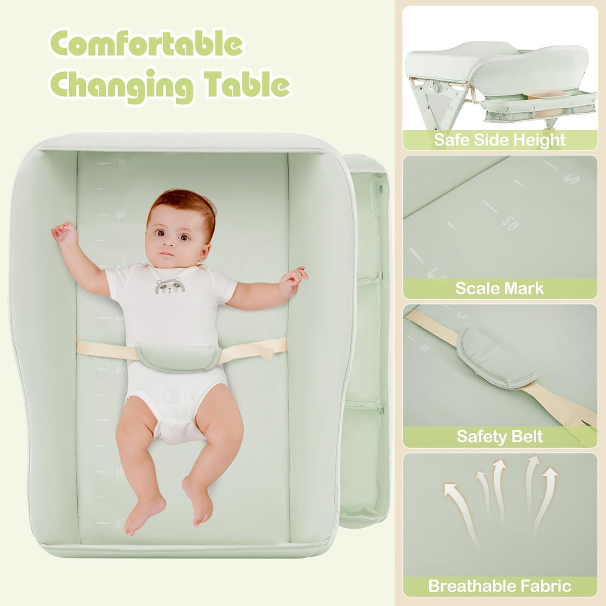 Baby Changing Table with Wheels, Portable Folding Diaper Station Nursery Organizer with Storage Basket, Hanging Rack, Adjustable Height, Safety Belt for Newborn Infant (Light Gray)
