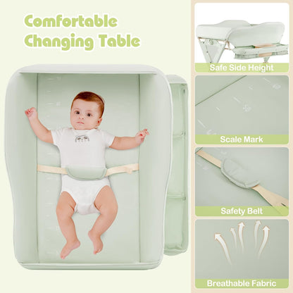 Baby Changing Table with Wheels, Portable Folding Diaper Station Nursery Organizer with Storage Basket, Hanging Rack, Adjustable Height, Safety Belt for Newborn Infant (Light Gray)