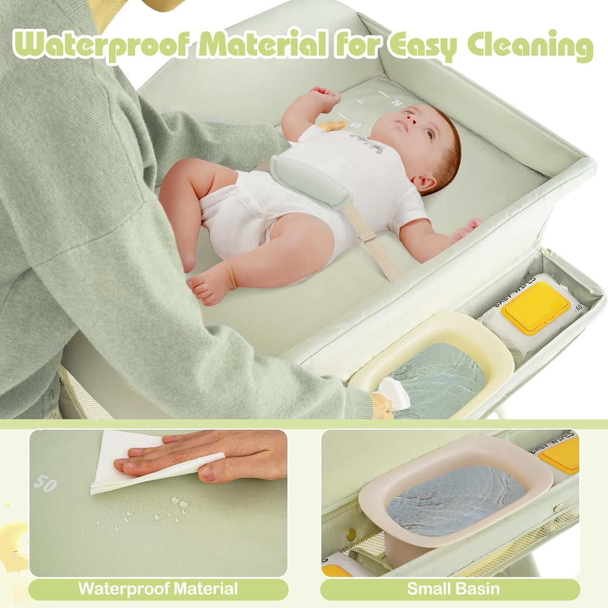 Baby Changing Table with Wheels, Portable Folding Diaper Station Nursery Organizer with Storage Basket, Hanging Rack, Adjustable Height, Safety Belt for Newborn Infant (Light Gray)