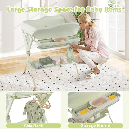 Baby Changing Table with Wheels, Portable Folding Diaper Station Nursery Organizer with Storage Basket, Hanging Rack, Adjustable Height, Safety Belt for Newborn Infant (Light Gray)