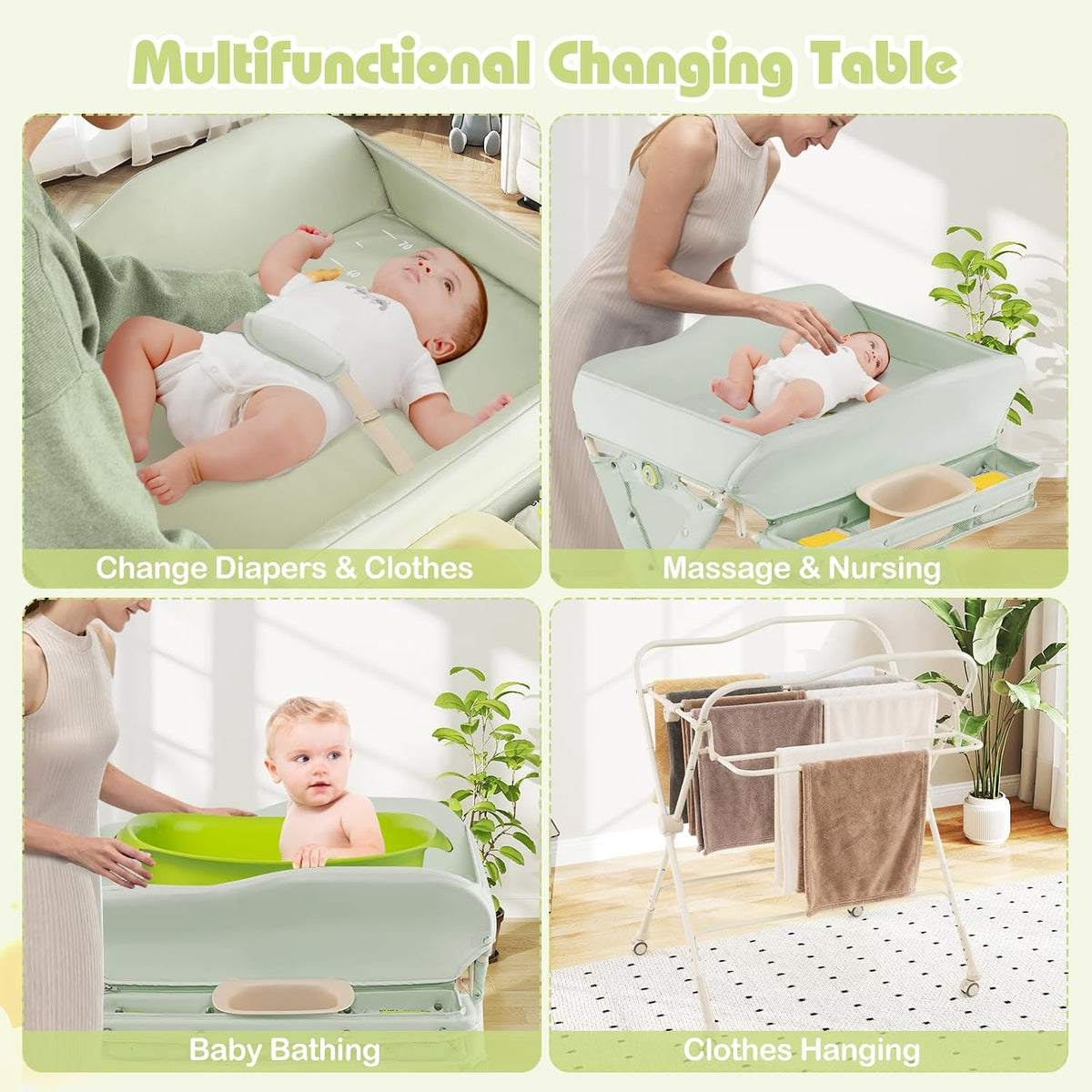 Baby Changing Table with Wheels, Portable Folding Diaper Station Nursery Organizer with Storage Basket, Hanging Rack, Adjustable Height, Safety Belt for Newborn Infant (Light Gray)