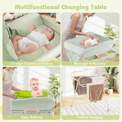 Baby Changing Table with Wheels, Portable Folding Diaper Station Nursery Organizer with Storage Basket, Hanging Rack, Adjustable Height, Safety Belt for Newborn Infant (Light Gray)