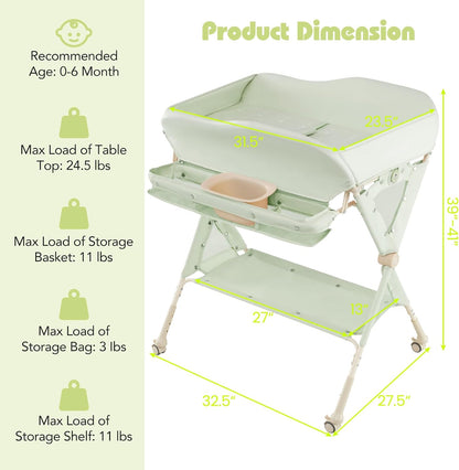 Baby Changing Table with Wheels, Portable Folding Diaper Station Nursery Organizer with Storage Basket, Hanging Rack, Adjustable Height, Safety Belt for Newborn Infant (Light Gray)
