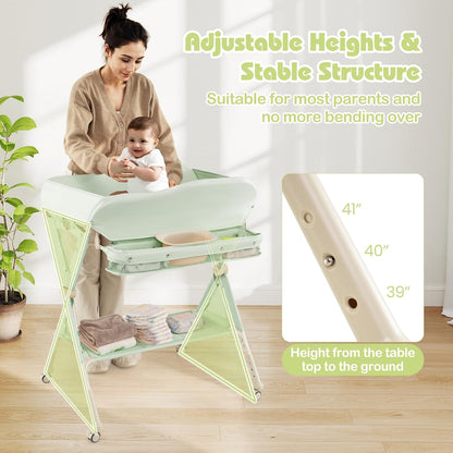 Baby Changing Table with Wheels, Portable Folding Diaper Station Nursery Organizer with Storage Basket, Hanging Rack, Adjustable Height, Safety Belt for Newborn Infant (Light Gray)