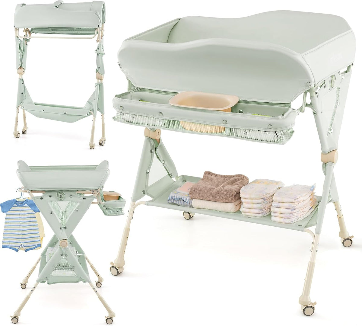 Baby Changing Table with Wheels, Portable Folding Diaper Station Nursery Organizer with Storage Basket, Hanging Rack, Adjustable Height, Safety Belt for Newborn Infant (Light Gray)