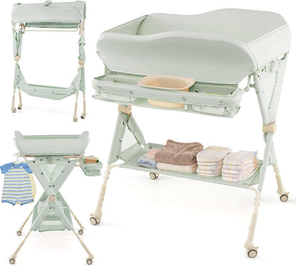 Baby Changing Table with Wheels, Portable Folding Diaper Station Nursery Organizer with Storage Basket, Hanging Rack, Adjustable Height, Safety Belt for Newborn Infant (Light Gray)