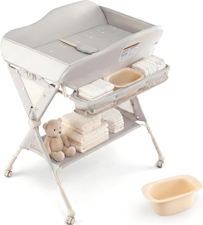 Baby Changing Table with Wheels, Portable Folding Diaper Station Nursery Organizer with Storage Basket, Hanging Rack, Adjustable Height, Safety Belt for Newborn Infant (Light Gray)
