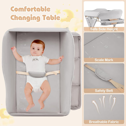 Baby Changing Table with Wheels, Portable Folding Diaper Station Nursery Organizer with Storage Basket, Hanging Rack, Adjustable Height, Safety Belt for Newborn Infant (Light Gray)