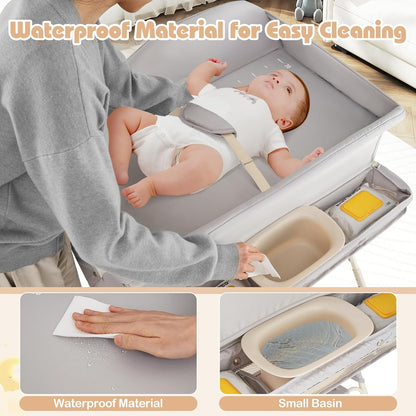 Baby Changing Table with Wheels, Portable Folding Diaper Station Nursery Organizer with Storage Basket, Hanging Rack, Adjustable Height, Safety Belt for Newborn Infant (Light Gray)