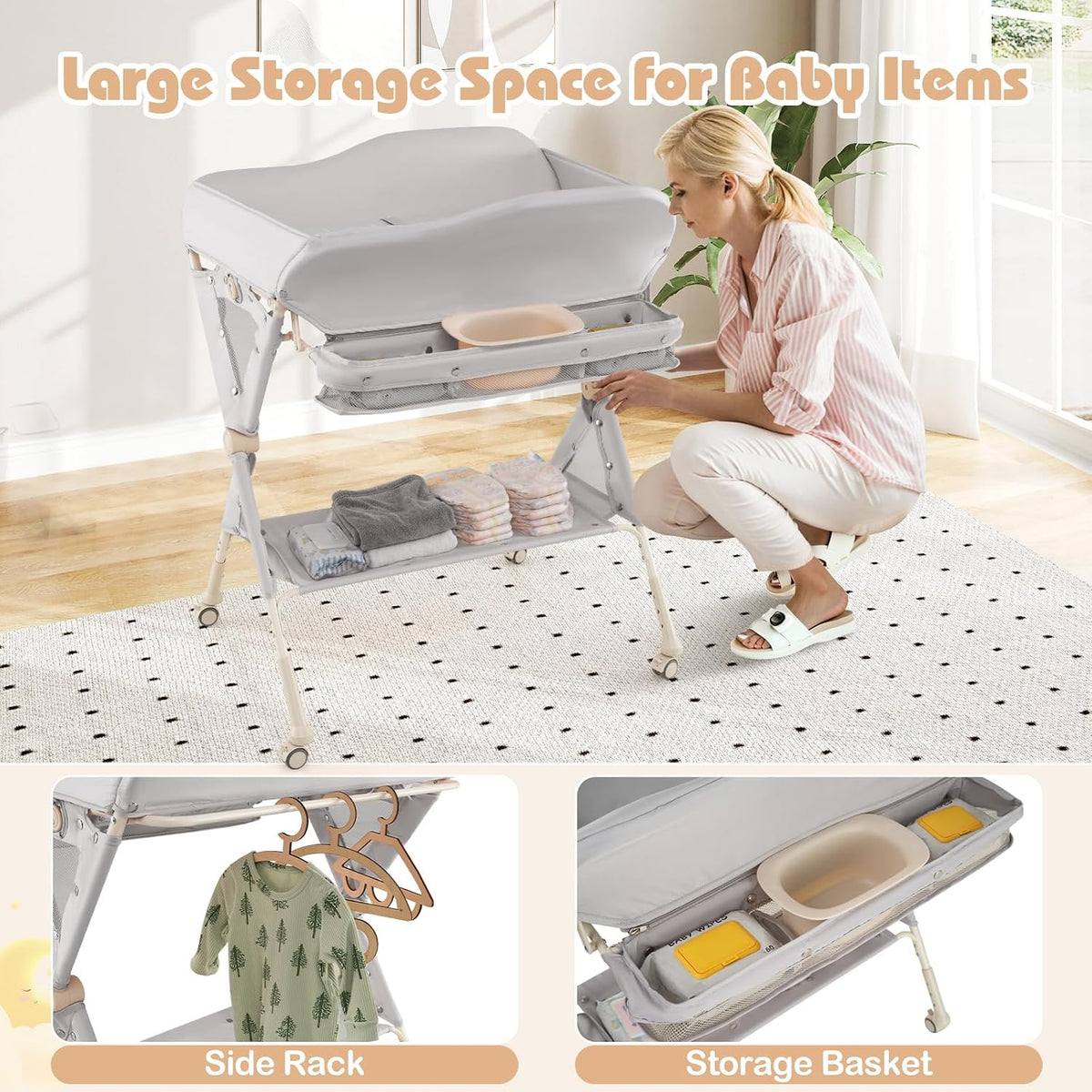 Baby Changing Table with Wheels, Portable Folding Diaper Station Nursery Organizer with Storage Basket, Hanging Rack, Adjustable Height, Safety Belt for Newborn Infant (Light Gray)