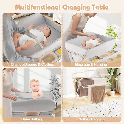 Baby Changing Table with Wheels, Portable Folding Diaper Station Nursery Organizer with Storage Basket, Hanging Rack, Adjustable Height, Safety Belt for Newborn Infant (Light Gray)