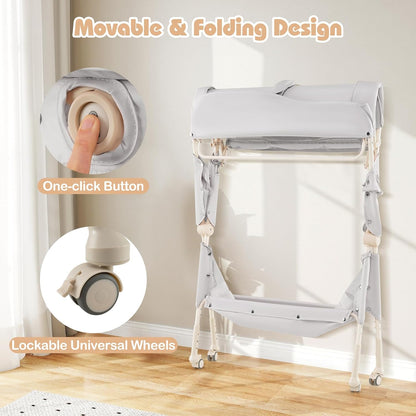 Baby Changing Table with Wheels, Portable Folding Diaper Station Nursery Organizer with Storage Basket, Hanging Rack, Adjustable Height, Safety Belt for Newborn Infant (Light Gray)