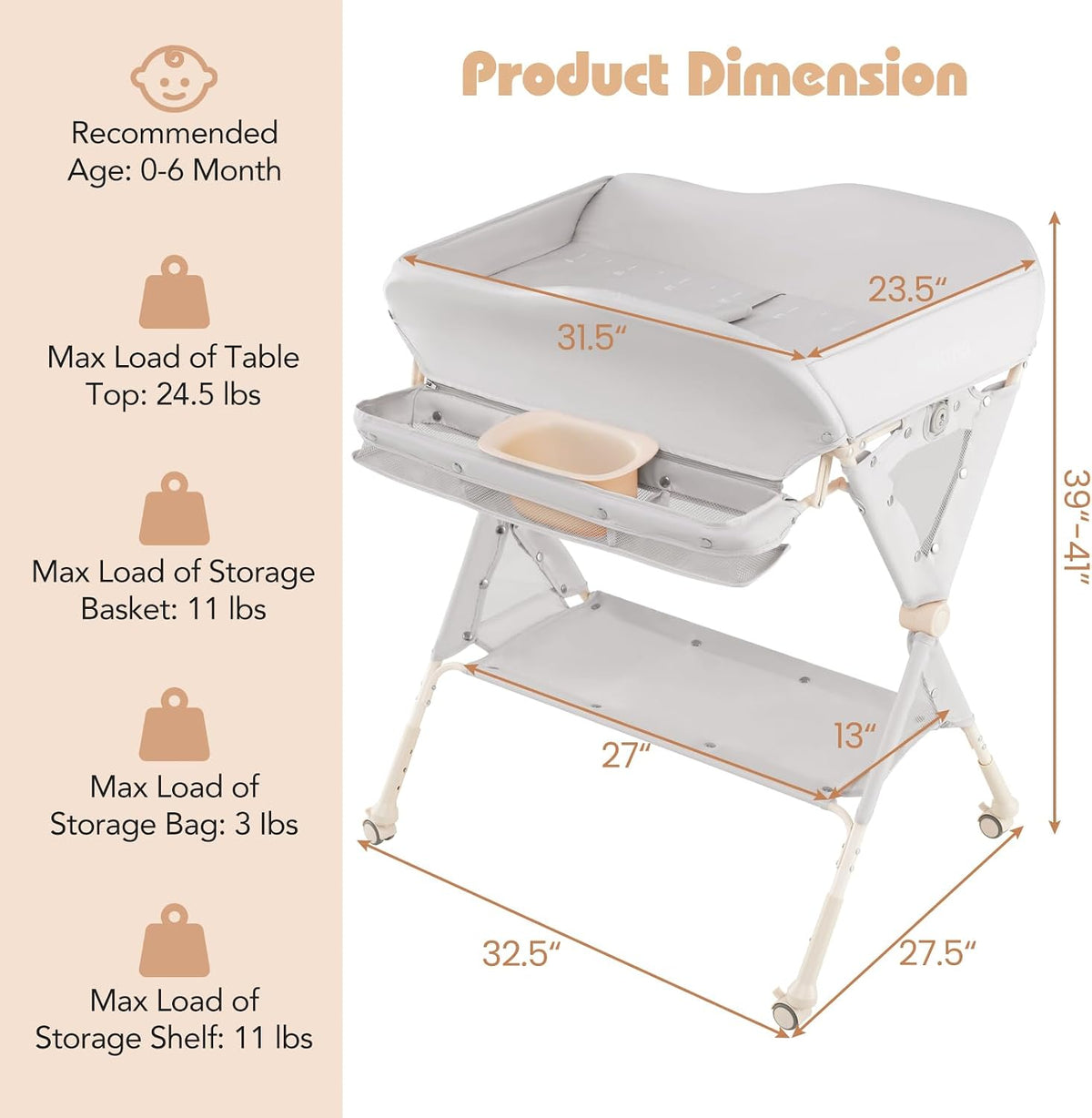 Baby Changing Table with Wheels, Portable Folding Diaper Station Nursery Organizer with Storage Basket, Hanging Rack, Adjustable Height, Safety Belt for Newborn Infant (Light Gray)